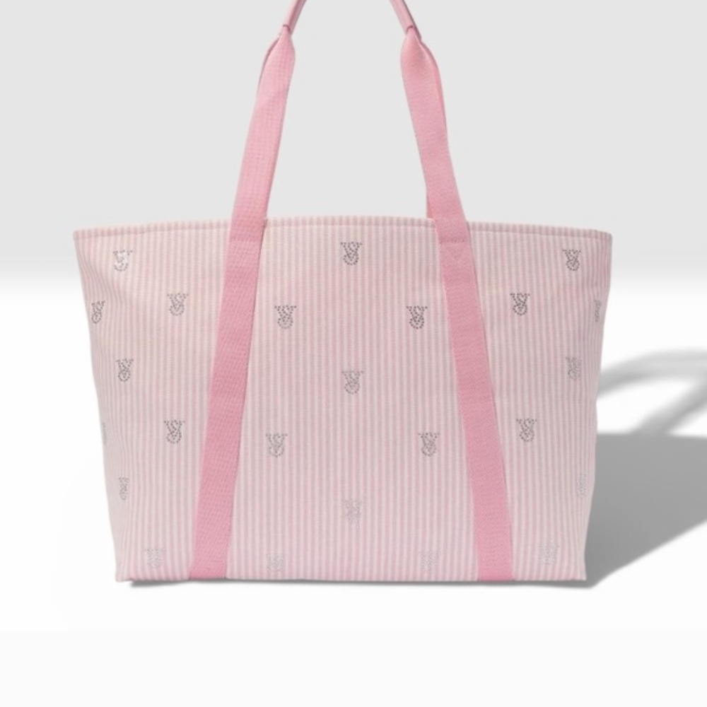 NWT Victoria's Secret Light Pink Rhinstone Embellished CANVAS Tote with Stripes